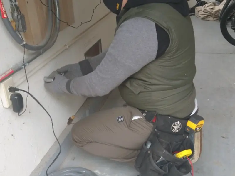 Electrician performing outlet wiring in a Saraland garage
